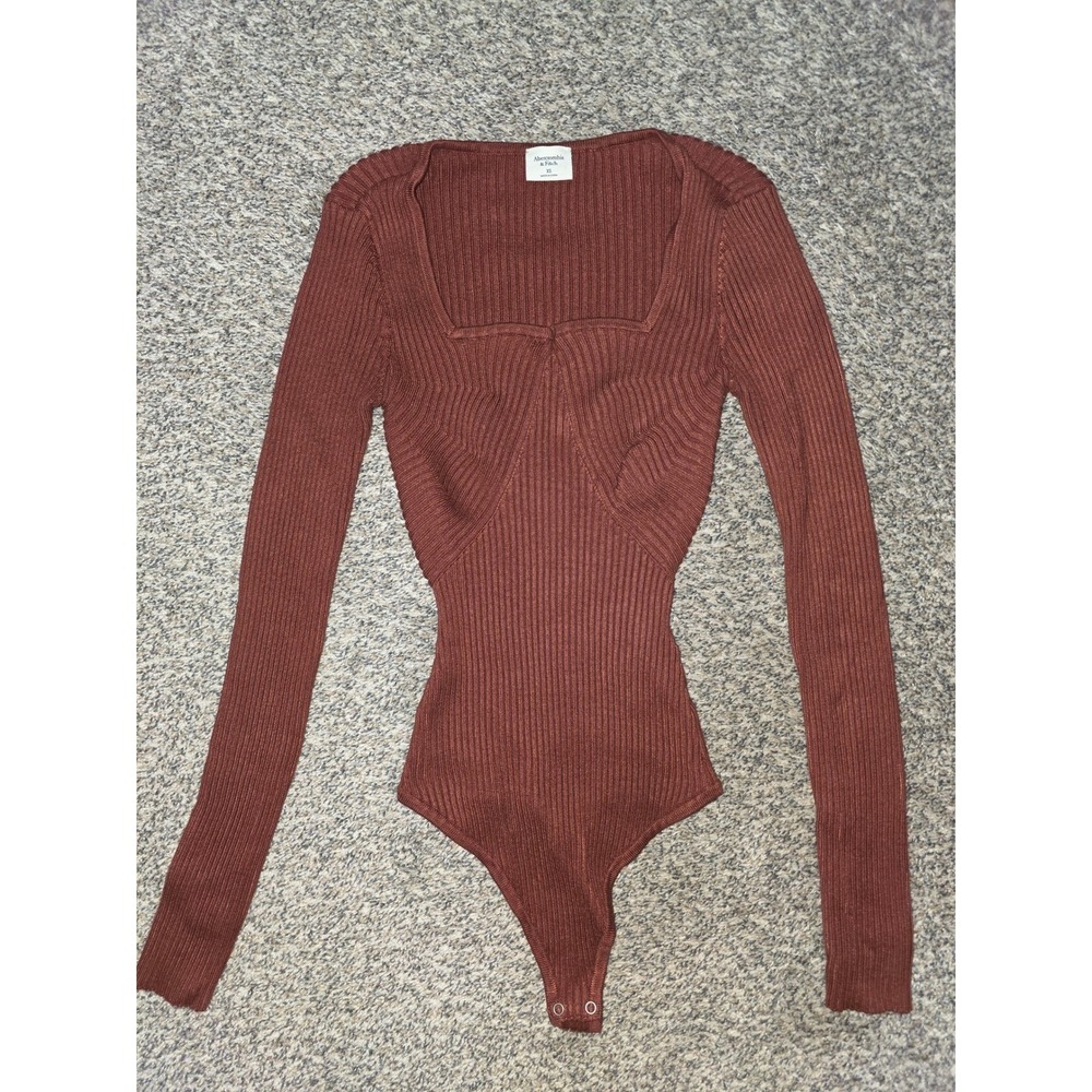 Abercrombie & Fitch Brown Ribbed Corset Seam Long Sleeve Bodysuit XS
